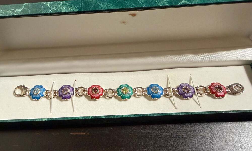 Joan Rivers Sterling Silver Multi-Color Enamel Flower Gemstone Bracelet 925